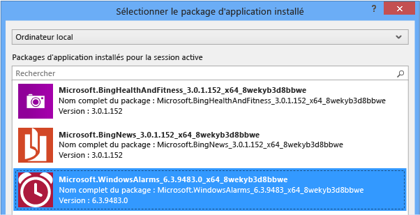 Boîte de dialogue Sélectionner le package d'application installé