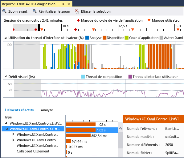 Page du rapport Réactivité de l'interface utilisateur XAML