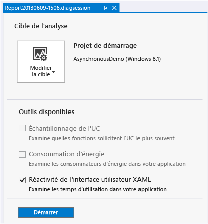 Choisir Profileur XAML dans le concentrateur de diagnostic