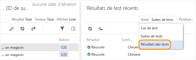 Choisissez les résultats des tests dans la vue