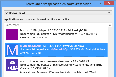 Choisir une application en cours d'exécution ou installée pour le diagnostic