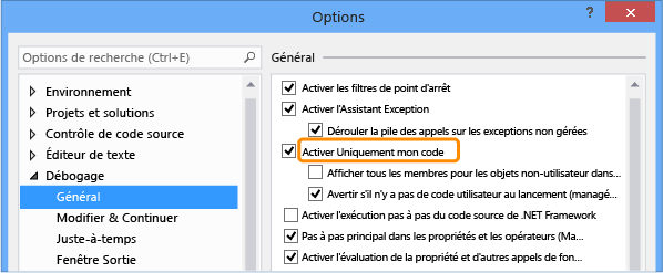 Activez Uniquement mon code dans la boîte de dialogue Options