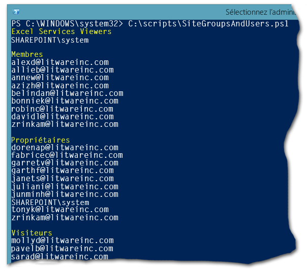 Exemple d’affichage du script SiteGroupsAndUsers.ps1 affichant les membres, les propriétaires et les visiteurs