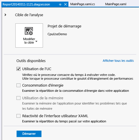 Démarrer la session de diagnostic CpuUsage