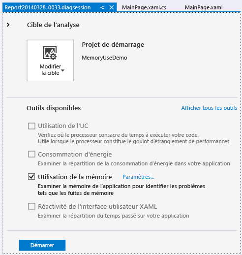 Commencer une session de diagnostic de l'utilisation de la mémoire