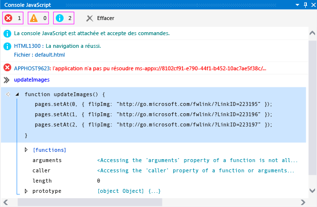 JavaScript Console Window showing a visualizer