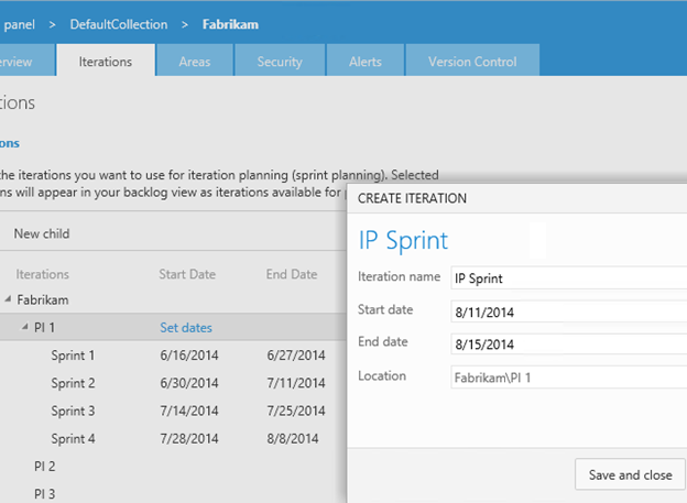 Page d'itérations, créer l'itération du sprint IP