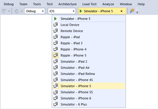 Sélectionner le simulateur iOS