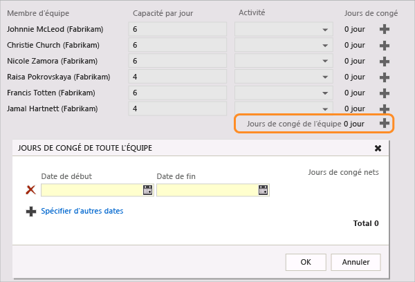 Définir les jours de congé de l'équipe