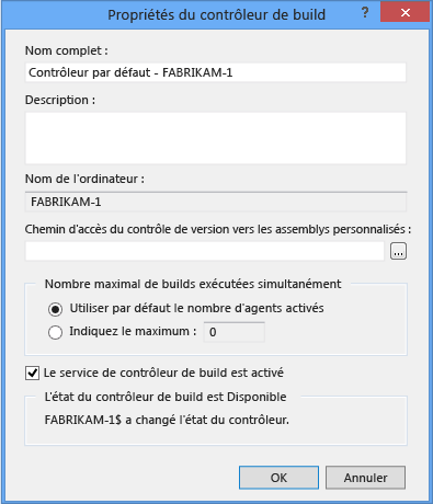 Boîte de dialogue Propriétés du contrôleur de build