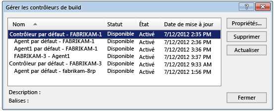 Boîte de dialogue Gérer les contrôleurs de build