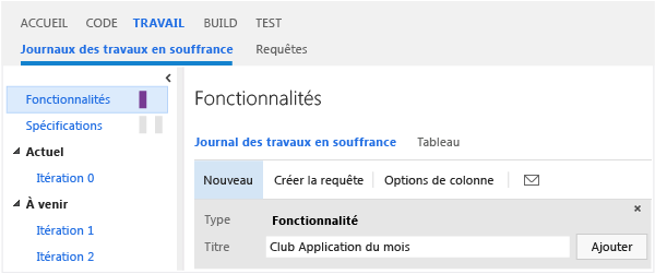 Volet d'ajout rapide, page de Backlog de portefeuille de fonctionnalités