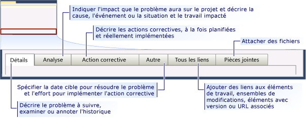 Formulaire d'élément de travail Problème CMMI - onglets