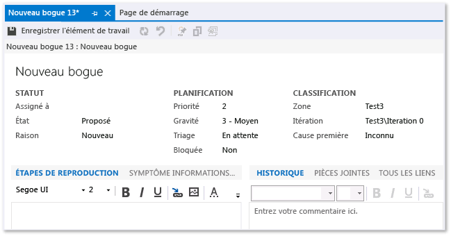 Bogue pour le projet d'équipe CMMI (formulaire d'élément de travail)