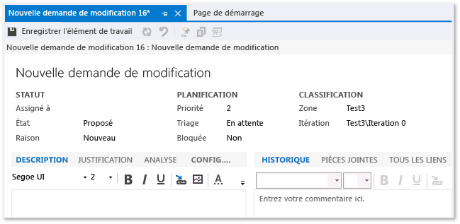 Formulaire d'élément de travail de demande de modification