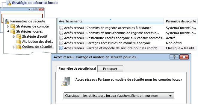 Options de sécurité de stratégie de sécurité locale