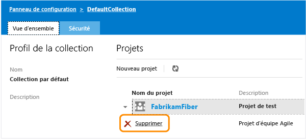 Lien Supprimer dans le menu contextuel pour un projet d'équipe