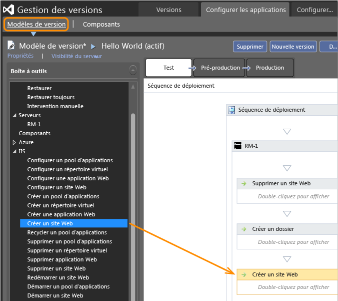 Onglet Configurer les applications, onglet Modèles de version