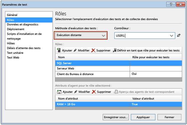 Rôle de paramètres de test