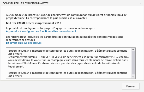 L'assistant de configuration des fonctionnalités renvoie des messages d'erreur