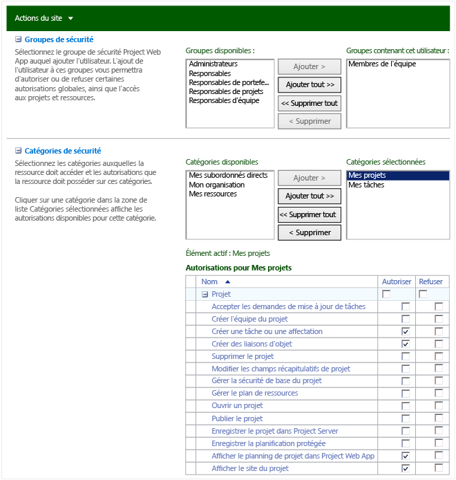 Catégories de sécurité, Mes projets pour les membres de l'équipe