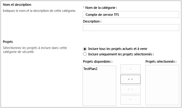 Créer une catégorie de comptes de service TFS