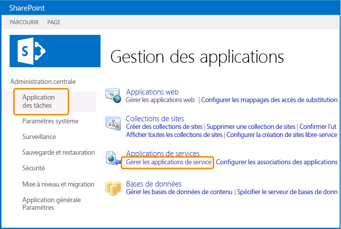 Choisir Gérer les applications de service