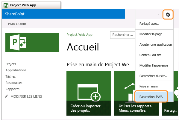 Page PWA, sélectionnez les paramètres PWA