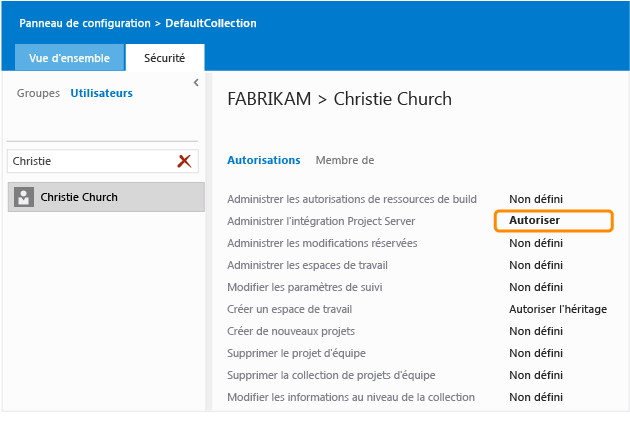 Définir l'autorisation Administrer l'intégration Project Server