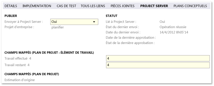 Champs par défaut de l'onglet Project Server
