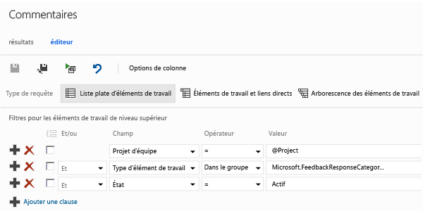 Vue de l'éditeur pour requête de commentaires de liste plate