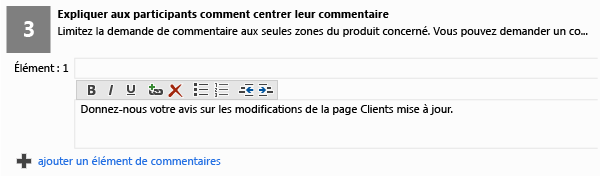 Zone de texte de focus de commentaires sur formulaire de demande de commentaires