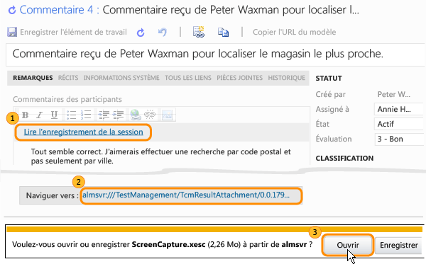 Play session recording link on Feedback Response work item form. URL link to recording. Open button on Do you want to open or save recording file dialog box.