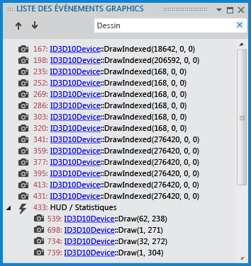 Liste des événements Graphics affichant les événements capturés