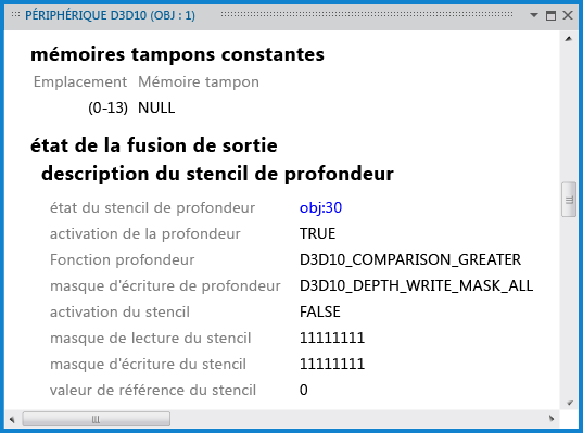Fenêtre du périphérique D3D10 affichant les informations du stencil de profondeur