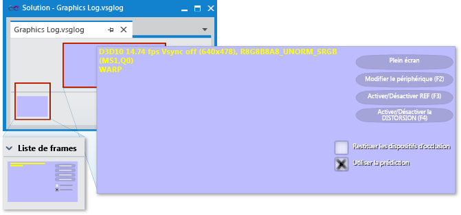 Liste des frames et aperçu de la mémoire tampon de frame de l'onglet .vsglog