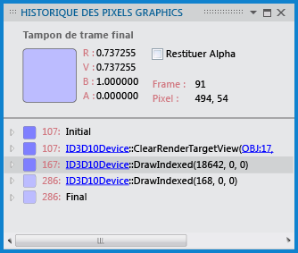 Fenêtre Historique des pixels affichant les appels de dessin associés