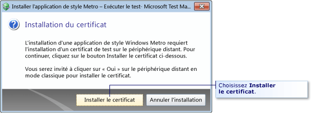 Boîte de dialogue du certificat de test