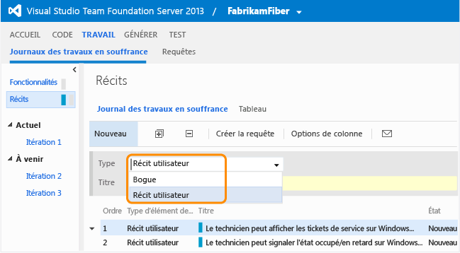 Panneau mis à jour avec l'ajout d'un type d'élément de travail Bogue