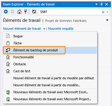 Menu Nouvel élément de travail - Ajouter un PBI