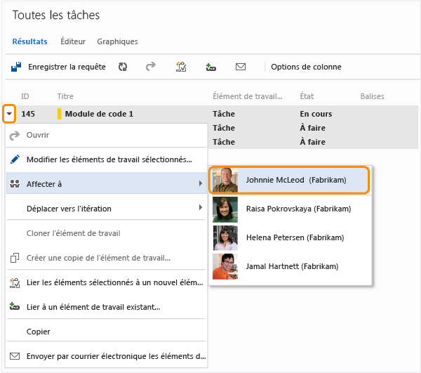 Lien Affecter à dans le menu contextuel d'élément de travail