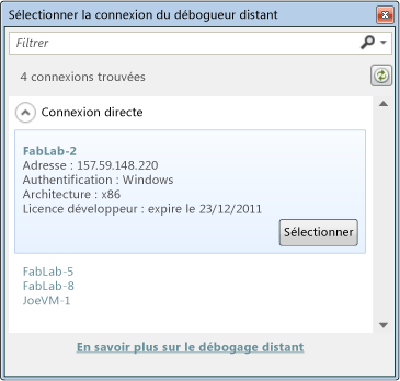 Boîte de dialogue Sélectionner la connexion au Remote Debugger