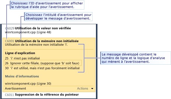 Avertissements liés à l'analyse du code développé