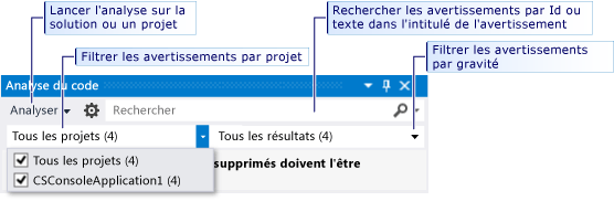 Rechercher et filtrer la fenêtre d'analyse du code