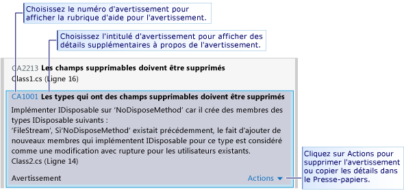 Avertissements liés à l'analyse du code développé