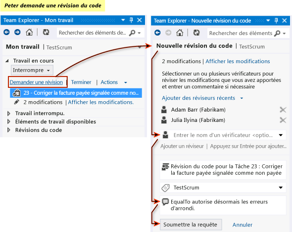 My Work page - Request Review link. New Code Review page - Enter the name of a reviewer dropdown, Enter a description (optional) textbox, Submit Request button.