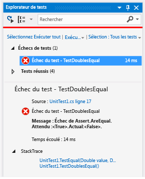 Explorateur de tests unitaires indiquant un échec de test pour l'égalité