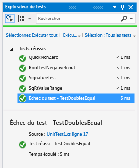 Explorateur de tests unitaires indiquant un test réussi pour l'égalité