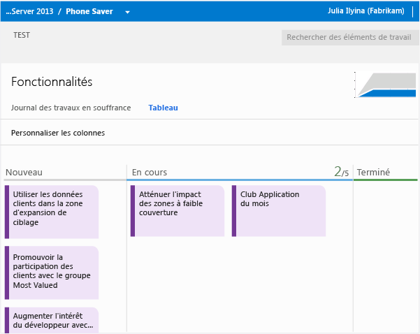 Le Backlog des fonctionnalités possède son propre tableau kanban