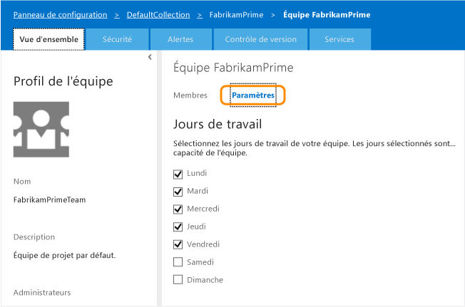 Page Paramètres de l'équipe pour les jours de travail par défaut